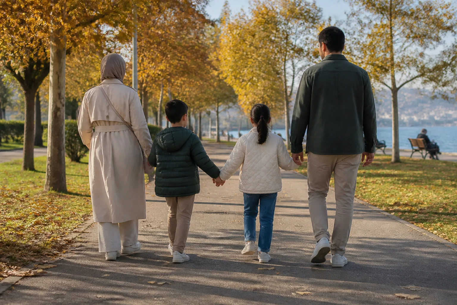 Sonbaharda sararmış ağaçlarla çevrili bir parkta el ele yürüyen bir aile; arkadan görünüyor