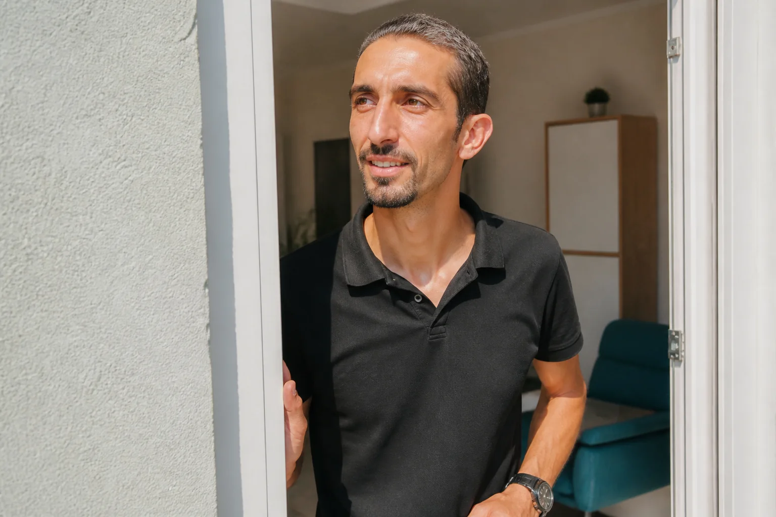 Seanstan çıkan bir adam kapıyı açıp güneşli dışarıya rahatlamış bir yüzle bakıyor
