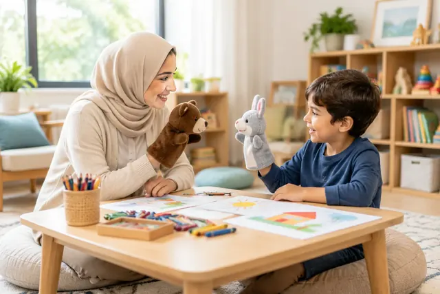 Başörtülü bir psikolog alçak bir oyun masasında elindeki kuklayla, karşısındaki küçük erkek çocuğun kuklasına cevap veriyor