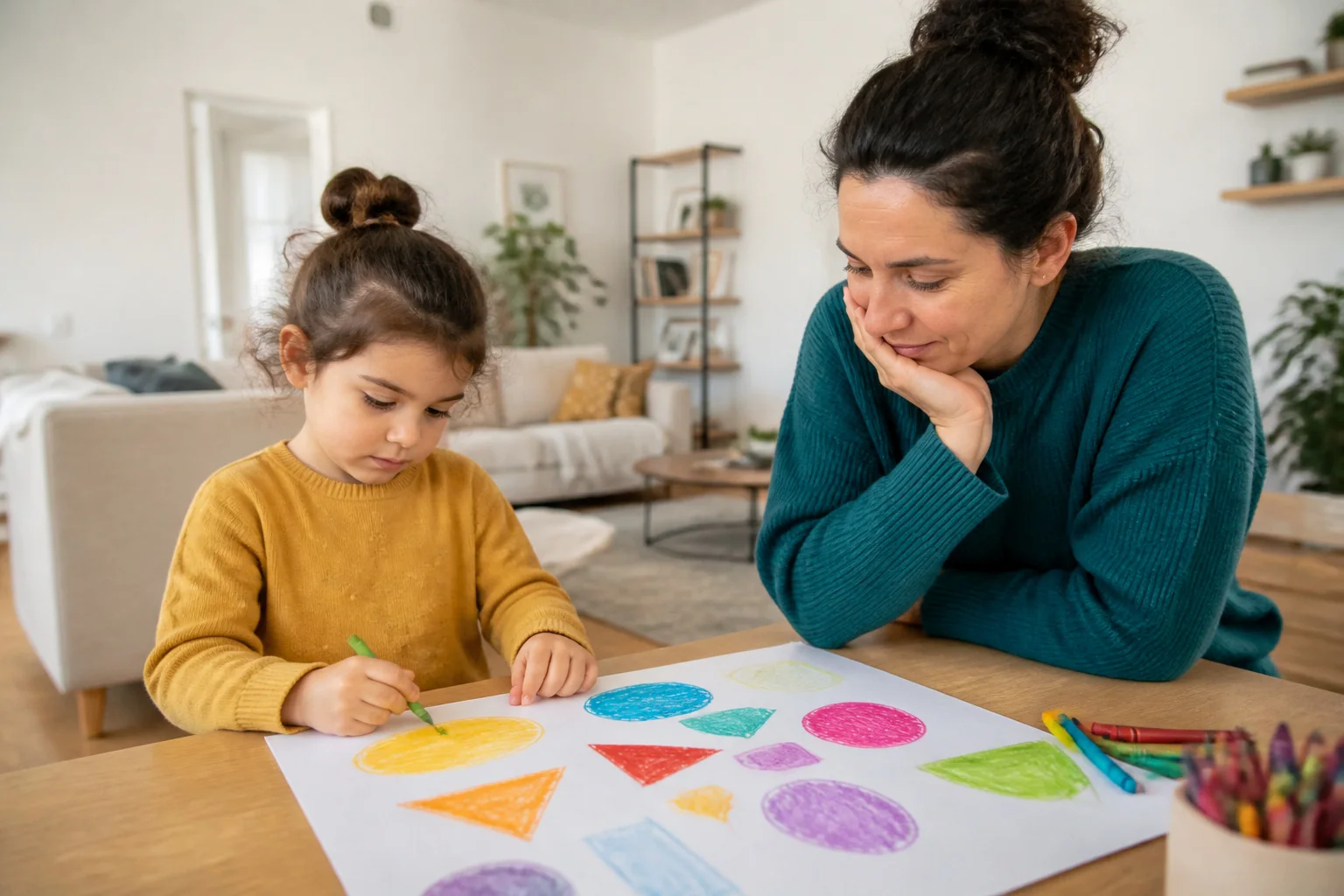 Küçük bir kız çocuğu büyük bir kâğıda renkli pastel boyalarla şekiller çizerken yanında oturan psikolog onu izliyor