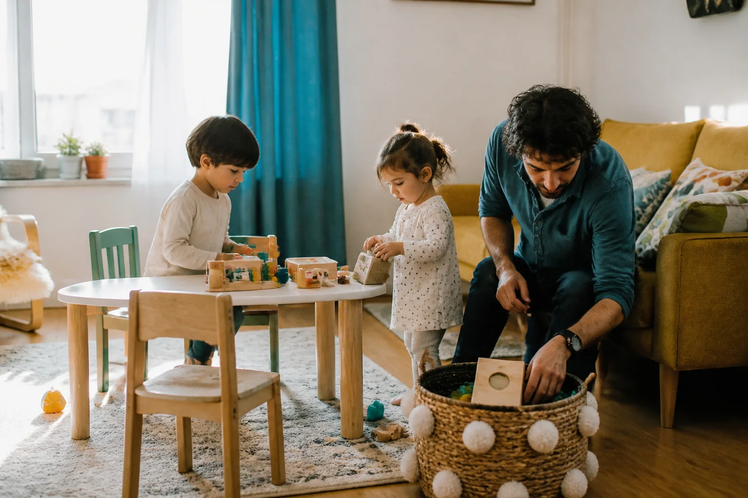 Alçak bir masa, küçük sandalyeler ve oyuncak sepetiyle döşenmiş aydınlık bir aile odasında iki küçük çocuk oynarken bir baba yanlarında diz çökmüş