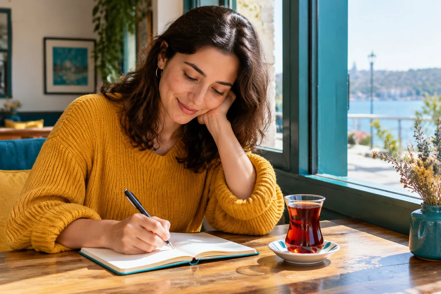 Pencere kenarındaki bir kafe masasında bir fincan çay ve bir defter